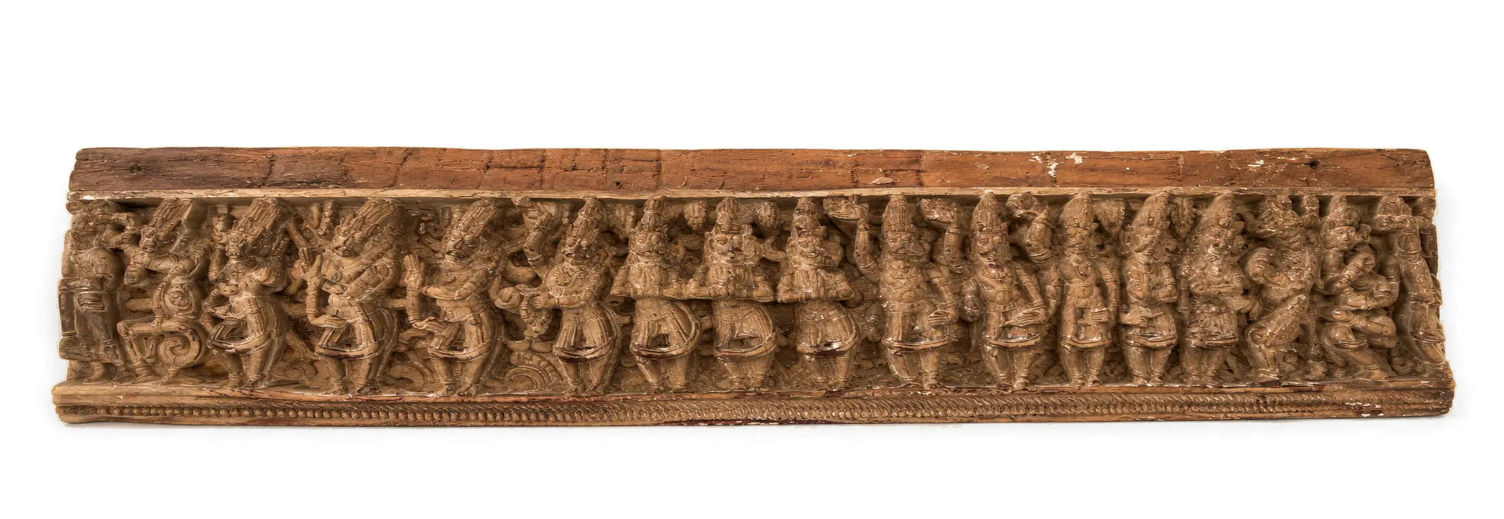 Large South Indian frieze carved with numerous Hindu figures, presented horizontally on an ivory background