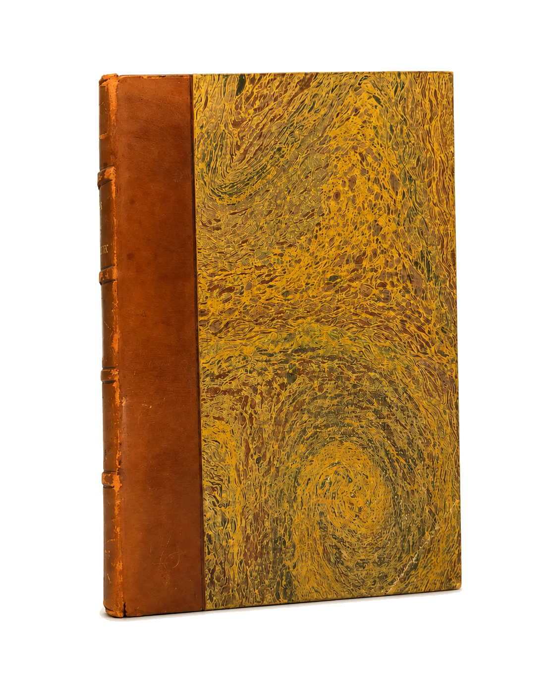 Reine d’Arbieux in its tan half binding and marbled boards on an ivory background