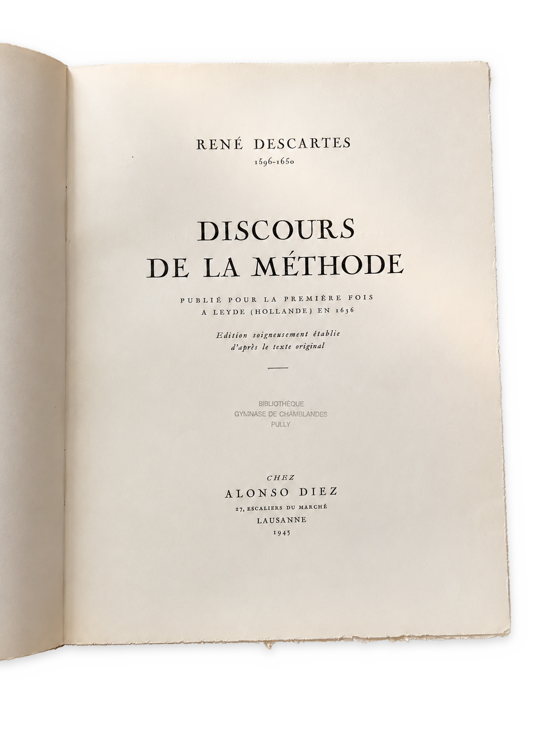 Title page of the Lausanne 1945 edition of the Discours de la méthode