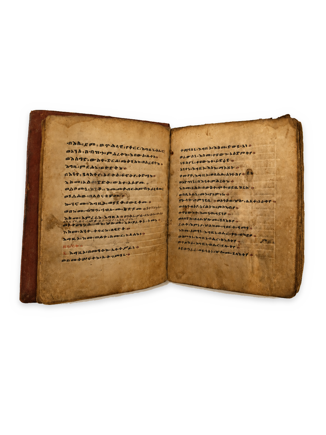 Ethiopian manuscript open to a text in Geʽez, presented on an ivory background