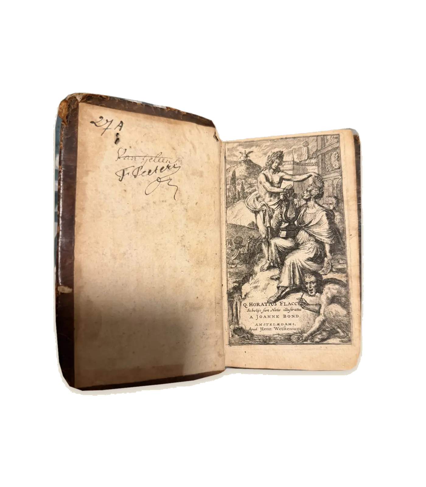Horace with John Bond's commentary open to its frontispiece on an ivory background