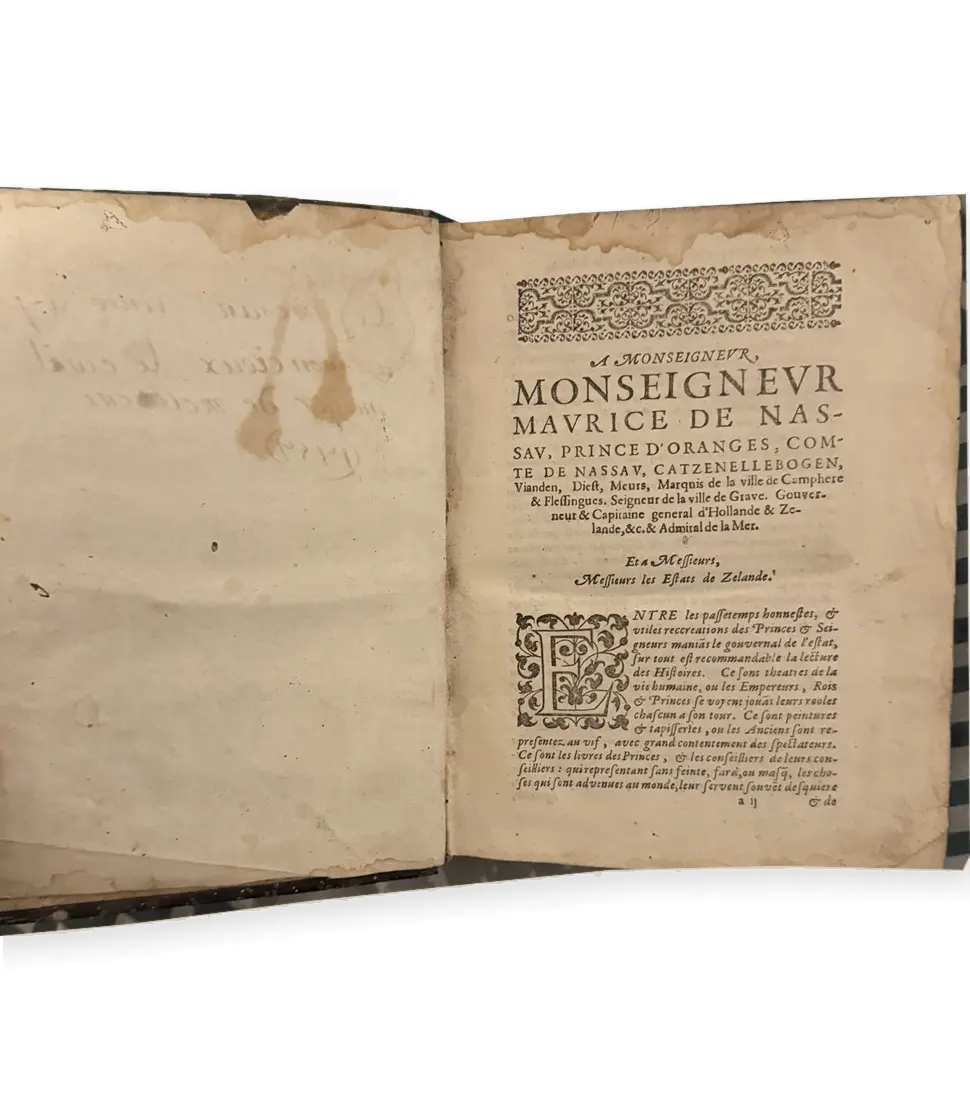 Protestant sammelband of 1605 open to the dedication to Maurice of Nassau on an ivory background