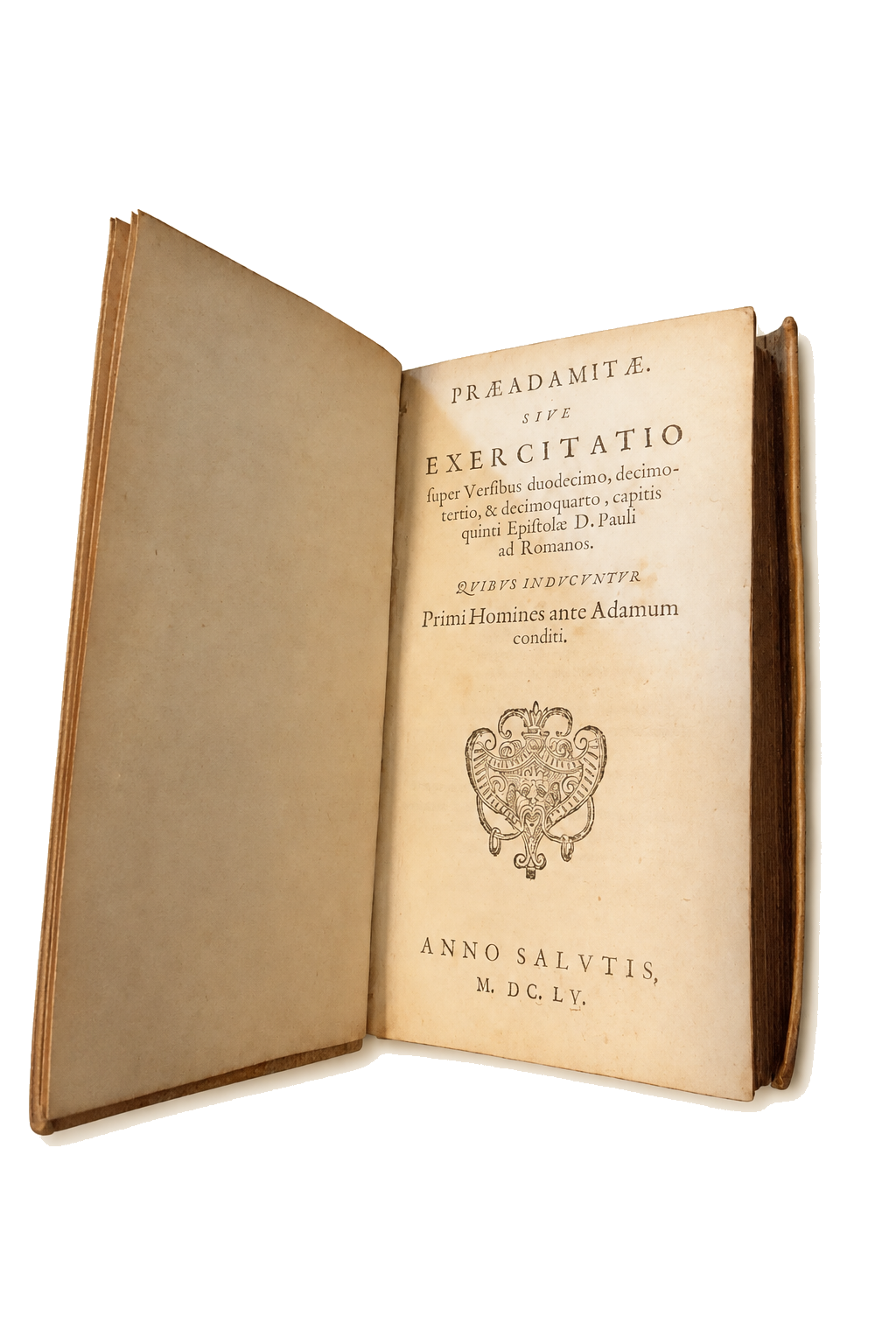 The 1655 Præadamitæ open to its title page on an ivory background